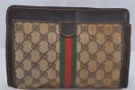 Authentic GUCCI Web Sherry Line Clutch Hand Bag GG PVC Leather Brown Junk 0488K Online Sale