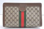 Authentic GUCCI Sherry Line Clutch Hand Bag Purse GG PVC Leather Brown 8044J on Sale