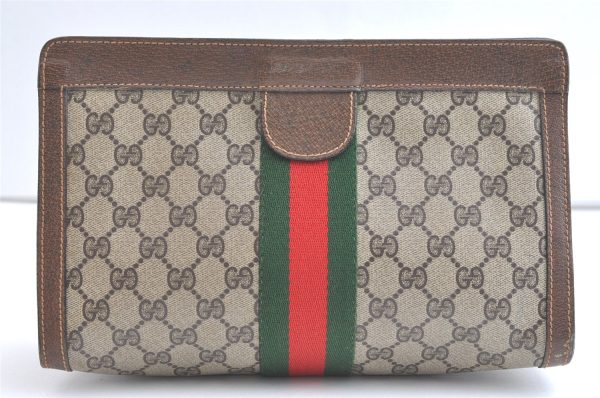 Authentic GUCCI Sherry Line Clutch Hand Bag Purse GG PVC Leather Brown 8044J on Sale