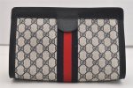 Authentic GUCCI Sherry Line Clutch Hand Bag Purse GG PVC Leather Navy Blue 5736J For Discount