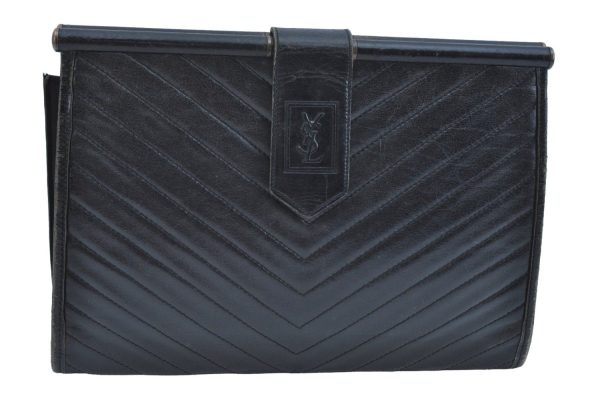 Authentic YVES SAINT LAURENT Clutch Hand Bag Purse Leather Black K9505 Sale