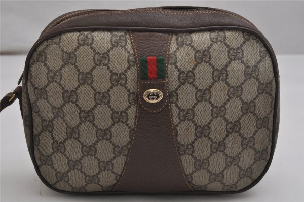 Authentic GUCCI Web Sherry Line Clutch Hand Bag GG PVC Leather Brown Junk 9537J Hot on Sale