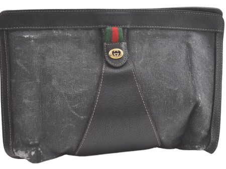 Authentic GUCCI Web Sherry Line Clutch Hand Bag PVC Leather Black Junk 8176J For Sale