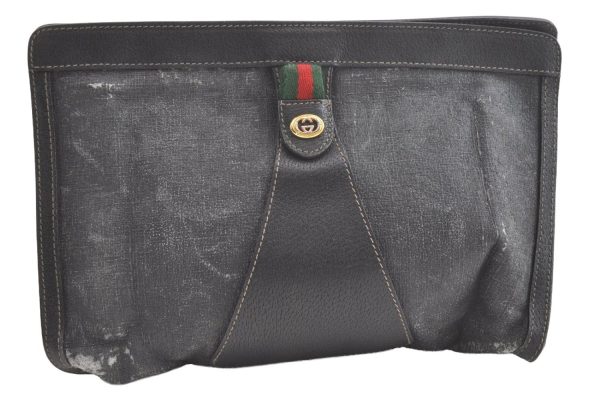 Authentic GUCCI Web Sherry Line Clutch Hand Bag PVC Leather Black Junk 8176J For Sale