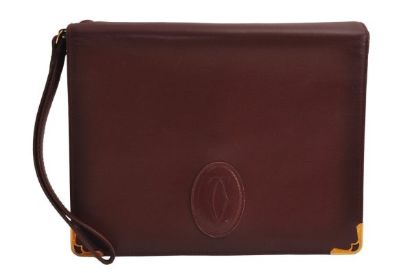 Authentic Cartier Must de Cartier Clutch Hand Bag Leather Bordeaux Red 0820K Cheap