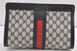 Authentic GUCCI Sherry Line Clutch Hand Bag GG PVC Leather Navy Blue Junk 9147J For Cheap