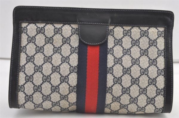 Authentic GUCCI Sherry Line Clutch Hand Bag GG PVC Leather Navy Blue Junk 9147J For Cheap