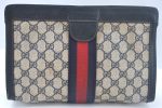 Authentic GUCCI Sherry Line Clutch Hand Bag Purse GG PVC Leather Navy Blue K9948 Cheap