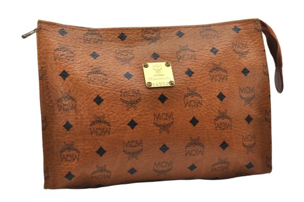 Authentic MCM Visetos Leather Vintage Clutch Hand Bag Purse Brown 1150K Cheap