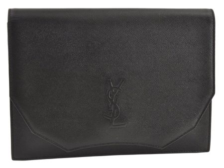 Authentic YVES SAINT LAURENT Vintage Clutch Hand Bag Purse Leather Black 9295J For Sale