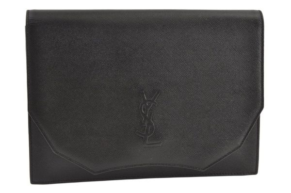 Authentic YVES SAINT LAURENT Vintage Clutch Hand Bag Purse Leather Black 9295J For Sale