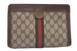 Authentic GUCCI Web Sherry Line Clutch Hand Bag Purse GG PVC Leather Brown 0694K Fashion