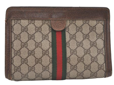 Authentic GUCCI Web Sherry Line Clutch Hand Bag Purse GG PVC Leather Brown 0694K Fashion