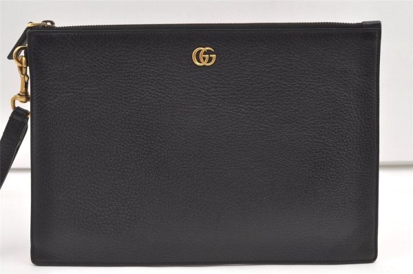 Authentic GUCCI GG Marmont Double G Clutch Hand Bag Leather 475317 Black 0219K Online Sale