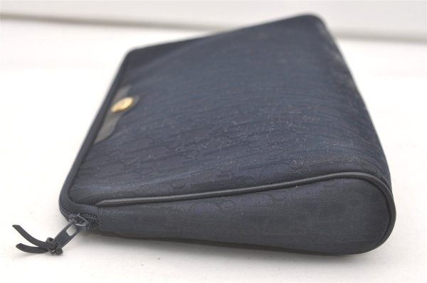 Authentic Christian Dior Trotter Clutch Bag Purse Canvas Leather Navy Blue 7759J For Sale