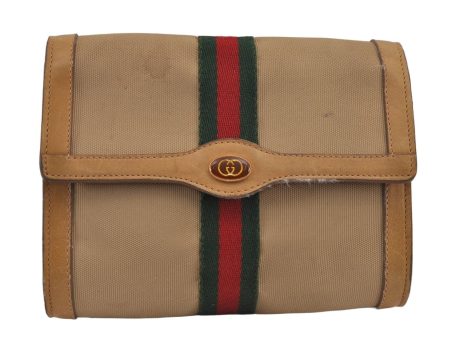 Authentic GUCCI Web Sherry Line Clutch Hand Bag Purse Canvas Leather Beige 9374J Cheap