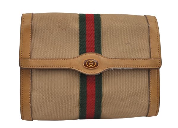 Authentic GUCCI Web Sherry Line Clutch Hand Bag Purse Canvas Leather Beige 9374J Cheap