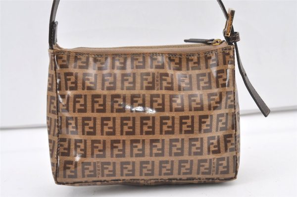 Authentic FENDI Vintage Zucchino Hand Bag Pouch Purse PVC Leather Brown 0676K For Sale