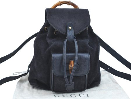 Authentic GUCCI Bamboo Backpack Suede Leather White Navy K9637 Hot on Sale