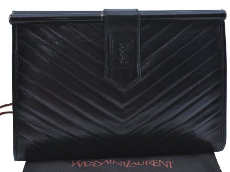 Authentic YVES SAINT LAURENT Clutch Hand Bag Purse Leather Black K9597 For Sale