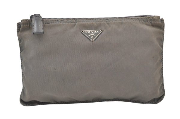 Authentic PRADA Vintage Nylon Leather Pouch Purse Gray 0921K For Cheap