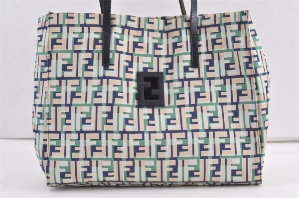 Authentic FENDI Zucca Shoulder Tote Bag Nylon Leather Green Navy 9087J For Cheap