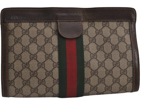 Authentic GUCCI Web Sherry Line Clutch Hand Bag Purse GG PVC Leather Brown 7922J Online Hot Sale