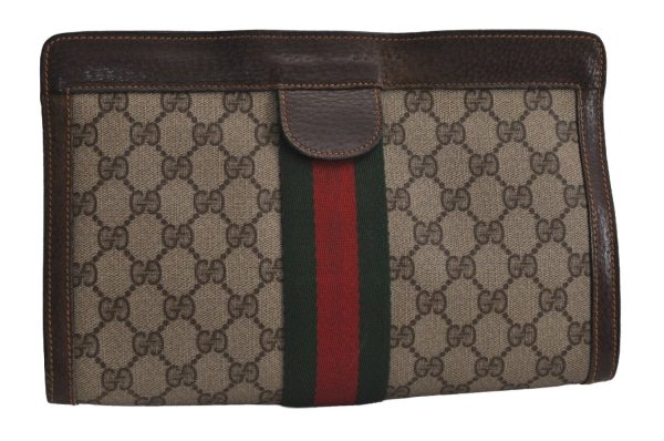 Authentic GUCCI Web Sherry Line Clutch Hand Bag Purse GG PVC Leather Brown 7922J Online Hot Sale