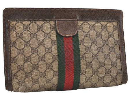 Authentic GUCCI Web Sherry Line Clutch Hand Bag Purse GG PVC Leather Brown 5739J For Cheap