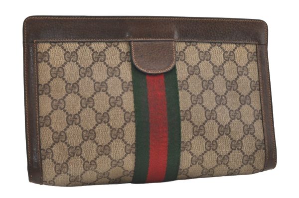 Authentic GUCCI Web Sherry Line Clutch Hand Bag Purse GG PVC Leather Brown 5739J For Cheap