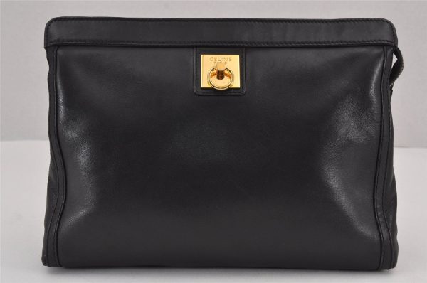 Authentic CELINE Vintage Clutch Hand Bag Purse Leather Black 8301J Online now