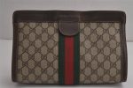 Authentic GUCCI Web Sherry Line Clutch Hand Bag Purse GG PVC Leather Brown 7922J Online Hot Sale