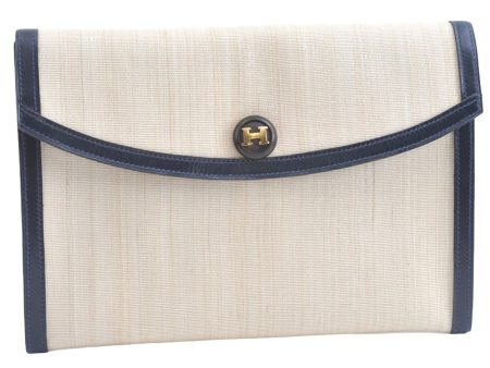 Authentic HERMES Pochette Rio Clutch Bag Purse Linen Leather White Cream 7849J on Sale