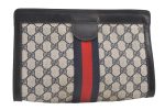 Authentic GUCCI Sherry Line Clutch Hand Bag GG PVC Leather Navy Blue Junk 9147J For Cheap