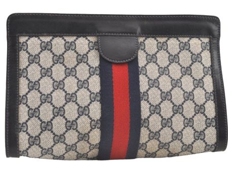 Authentic GUCCI Sherry Line Clutch Hand Bag GG PVC Leather Navy Blue Junk 9147J For Cheap