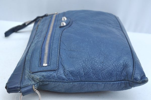 Authentic BALENCIAGA Clip M Logo Clutch Bag Leather 373834 Blue K9699 For Cheap