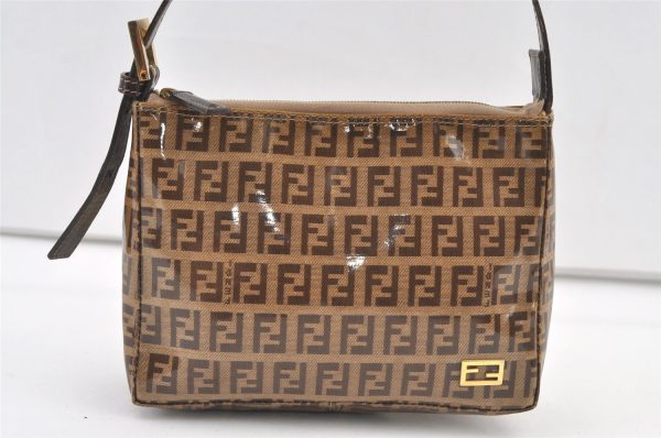 Authentic FENDI Vintage Zucchino Hand Bag Pouch Purse PVC Leather Brown 0676K For Sale