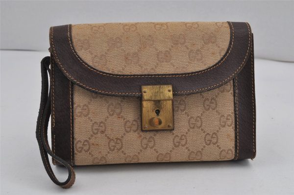 Authentic GUCCI Clutch Hand Bag Purse GG Canvas Leather Beige 9316J Cheap