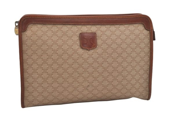 Authentic CELINE Macadam Blason Pattern Clutch Hand Bag PVC Leather Beige 6328J Fashion