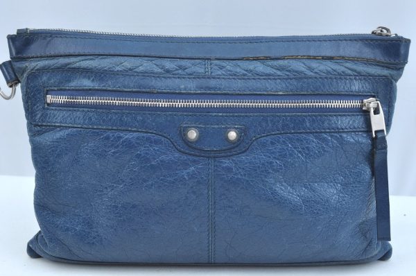 Authentic BALENCIAGA Clip M Logo Clutch Bag Leather 373834 Blue K9699 For Cheap