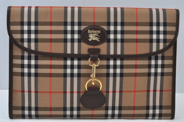 Authentic Burberrys Vintage Check Canvas Clutch Hand Bag Beige L0063 Hot on Sale