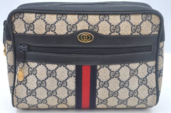 Authentic GUCCI Sherry Line Clutch Hand Bag Purse GG PVC Leather Navy Blue L0003 Hot on Sale