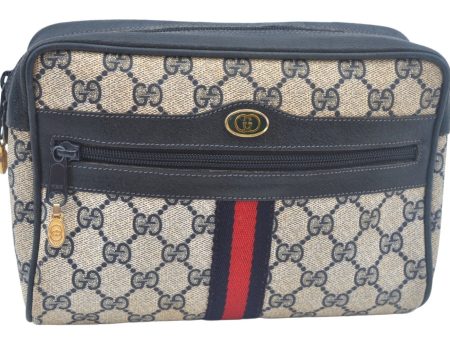 Authentic GUCCI Sherry Line Clutch Hand Bag Purse GG PVC Leather Navy Blue L0003 Hot on Sale