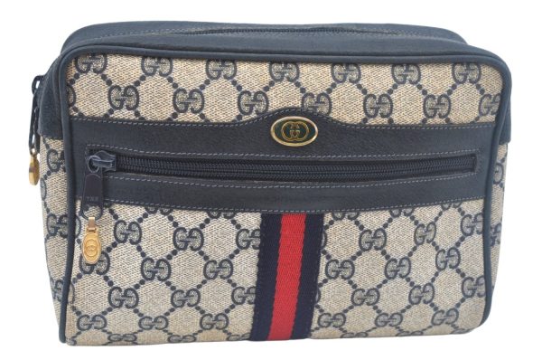 Authentic GUCCI Sherry Line Clutch Hand Bag Purse GG PVC Leather Navy Blue L0003 Hot on Sale