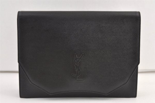 Authentic YVES SAINT LAURENT Vintage Clutch Hand Bag Purse Leather Black 9295J For Sale