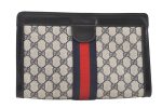 Authentic GUCCI Sherry Line Clutch Hand Bag GG PVC Leather Navy Blue Junk 0815K Supply