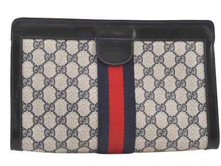 Authentic GUCCI Sherry Line Clutch Hand Bag GG PVC Leather Navy Blue Junk 0815K Supply