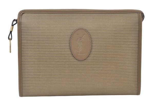 Authentic YVES SAINT LAURENT Clutch Hand Bag Purse PVC Leather Beige 0208K Hot on Sale