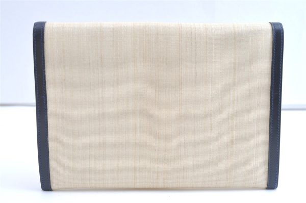 Authentic HERMES Pochette Rio Clutch Bag Purse Linen Leather White Cream 7849J on Sale