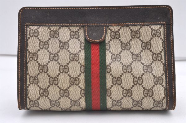 Authentic GUCCI Web Sherry Line Clutch Hand Bag GG PVC Leather Brown Junk 0603K For Cheap